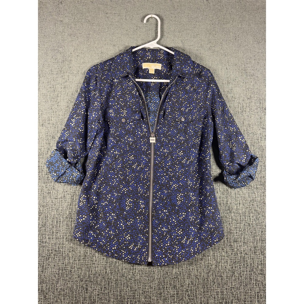 Michael Michael Kors Womensβ Blue Star Print Zip Front Roll Tab Sleeve Blouse S
